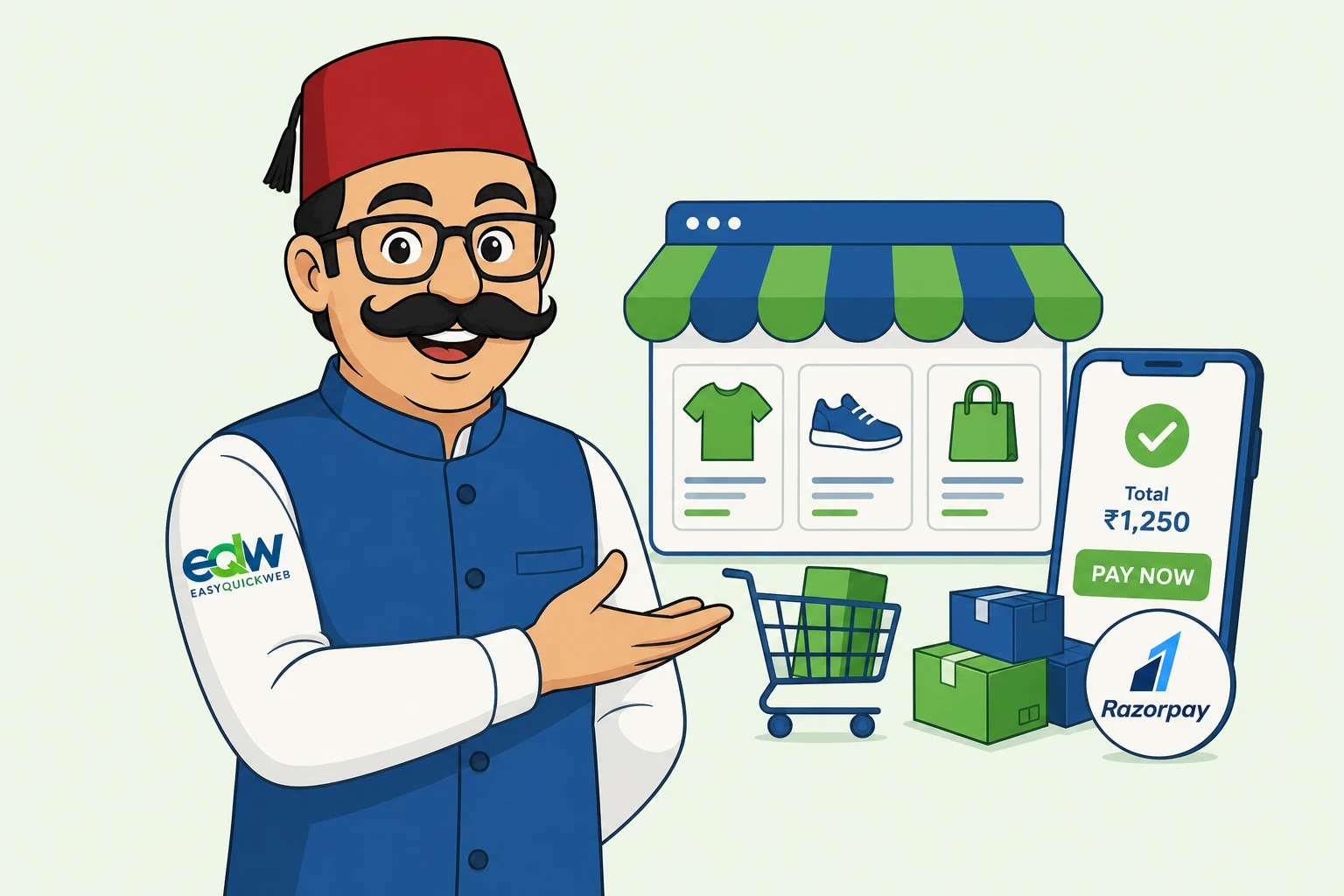 Ecommerce & marketplace website development in Hyderabad — EasyQuickWeb Nawabi Chacha mascot