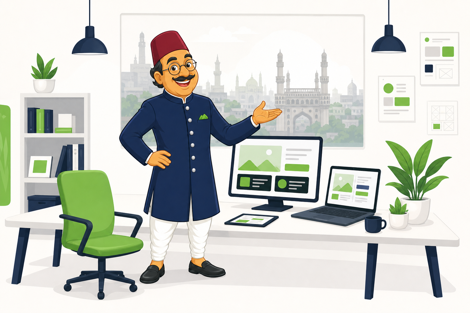 EasyQuickWeb website design company in Hyderabad — Nawabi Chacha at our Moosarambagh office with Charminar skyline